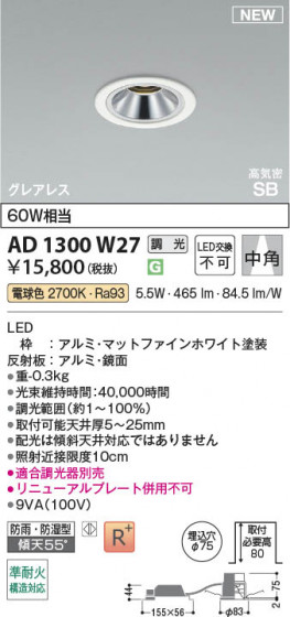 ���β��� Koizumi �������߾��� LED�ⵤ̩SB������饤�� AD1300W27