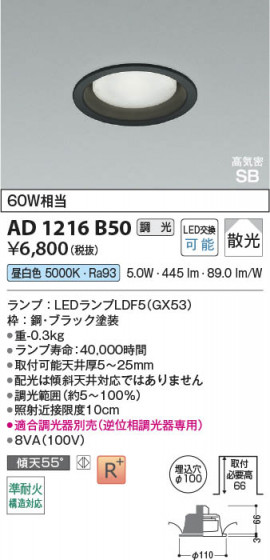 ���β��� Koizumi �������߾��� LED�ⵤ̩SB������饤�� AD1216B50