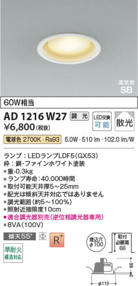 ���β��� Koizumi �������߾��� LED�ⵤ̩SB������饤�� AD1216W27