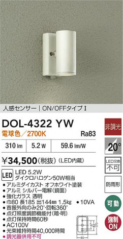 ʼ̿|DAIKO ŵ LEDʹ󥵡եȥɥݥå DOL-4322YW