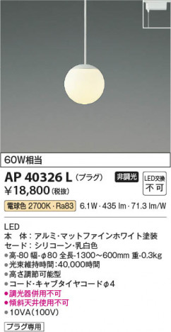 ���β��� Koizumi �������߾��� LED�ڥ����� AP40326L